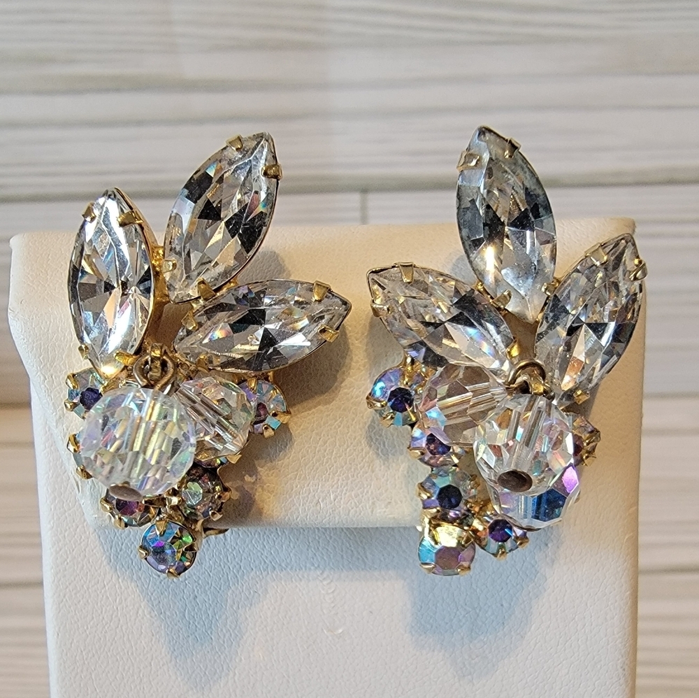 Vintage Clear Rhinestone Crystal Spray Gold Tone Statement Clip On Earrings
